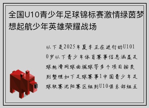 全国U10青少年足球锦标赛激情绿茵梦想起航少年英雄荣耀战场